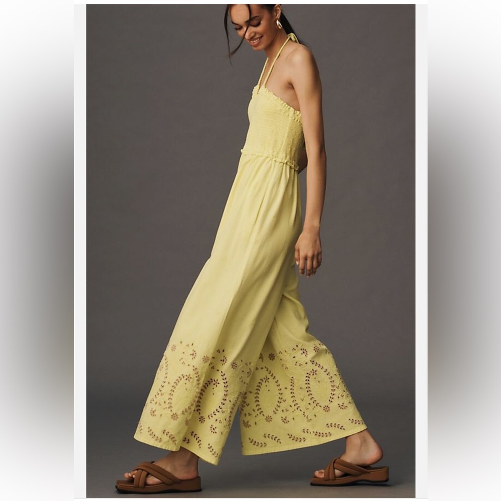 By Anthropologie Strapless Eyelet Jumpsuit new with tag size S chartreuse